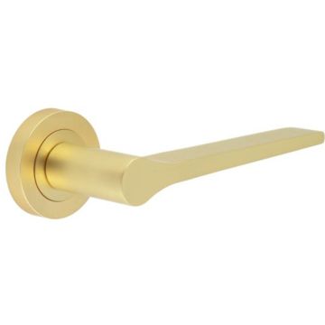 Geo Lever Door Handle on Round Rose Satin Brass Finish
