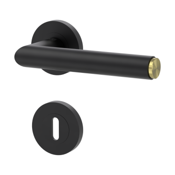 Lucia Select Lever Door Handle on Round Rose c/w Key Escutcheon - Matt Black with Brass End Cap