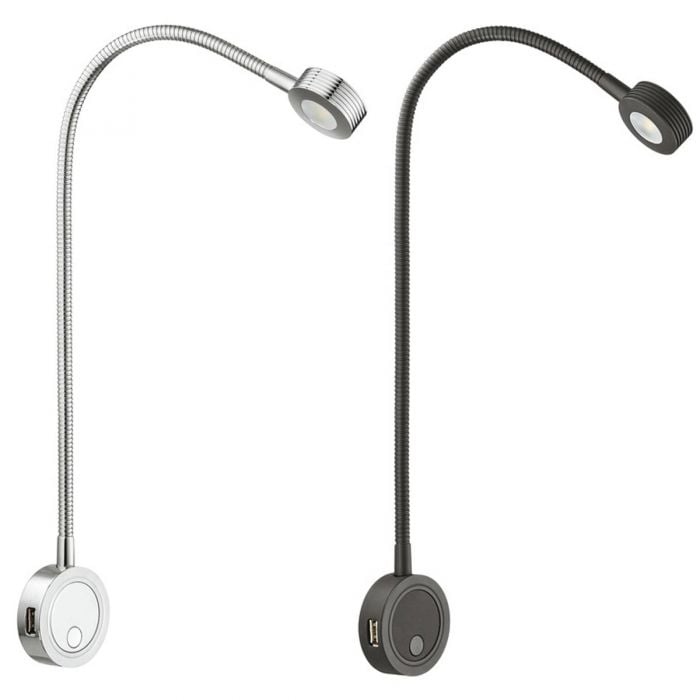 Chrome Loox 12V LED Flexible Reading Light/Surface Mounting/with 2 x Integrated USB Charger Ports 2034 