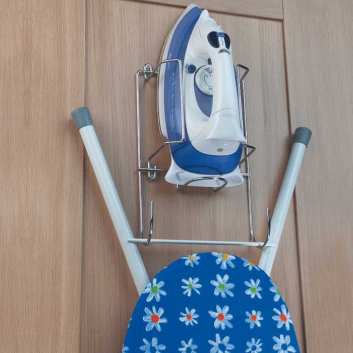 Chrome mDesign Wall Mount Ironing Center with Small Basket and Ironing Board Hooks 