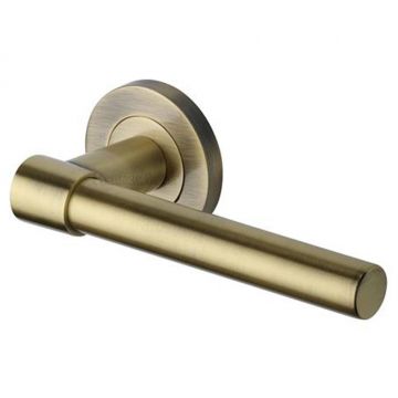 Vilamoura Plain Lever Door Handle on Round Rose Brushed Antique Brass Lacquered