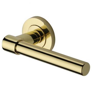 Vilamoura Plain Lever Door Handle on Round Rose Polished Brass Lacquered