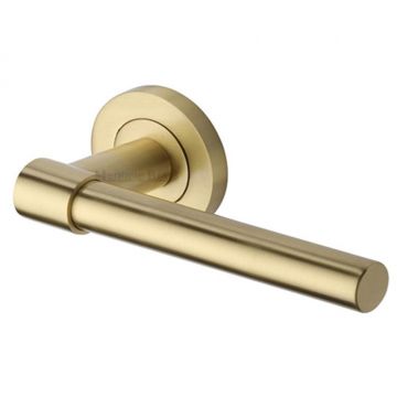 Vilamoura Plain Lever Door Handle on Round Rose Satin Brass Lacquered