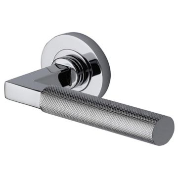 Quinta Knurled Lever Door Handle on Round Rose Polished Chrome Plate