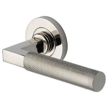 Quinta Knurled Lever Door Handle on Round Rose Polished Nickel Plate