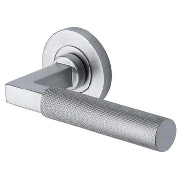 Quinta Knurled Lever Door Handle on Round Rose Satin Chrome Plate