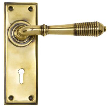 Reeded Lever Lock on Backplate Aged Brass Unlacquered