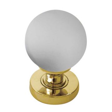 Frosted Glass Mortice Knob Sprung Rose Polished Brass Lacquered