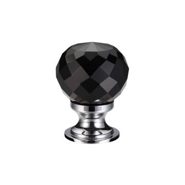 Black Glass Faceted Cupboard Knob 25 mm Polished Chrome Plate