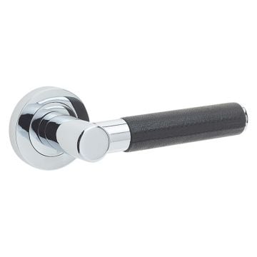 Lever Door Handle with Black Leather Grip Polished Chrome Plate

