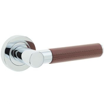 Lever Door Handle with Brown Leather Grip Polished Chrome Plate
