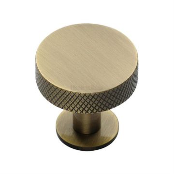 Knurled Disc Cupboard Knob 32 mm Brushed Antique Brass Lacquered