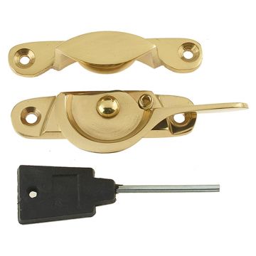Locking Fitch Sash Window Fastener Narrow Style Polished Brass Lacquered