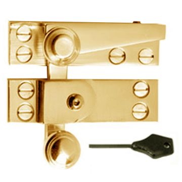 Lockable Reeded Arm Sash Window Fastener 70 mm Polished Brass Lacquered