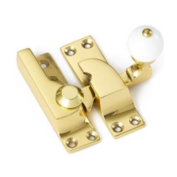 Straight Arm Sash Window Fastener 74 mm with White Knob  Polished Brass Unlacquered