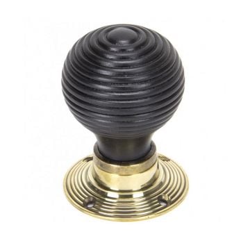 Ebony Wood Beehive Door Knobs with Brass Unlacquered Roses