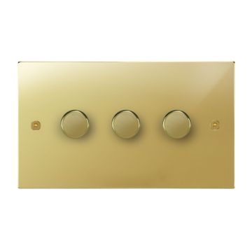 3 Gang 200w Trailing Edge LED Dimmer Switch Square Corner Polished Brass Lacquered