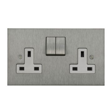 2 Gang 13 amp Switched Socket Square Corner Satin Stainless Steel