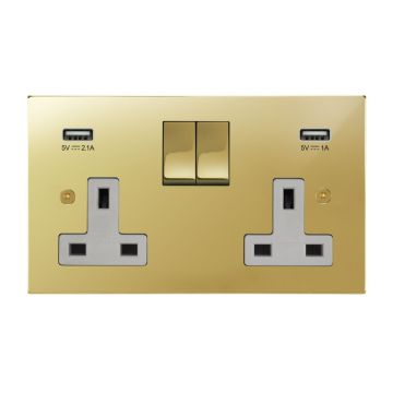 2 Gang 13A Switched Socket with Integrated USB Charging Polished Brass Lacquered