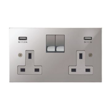 2 Gang 13A Switched Socket with Integrated USB Charging Polished Chrome Plate