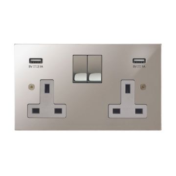 2 Gang 13A Switched Socket with Integrated USB Charging Polished Nickel Plate