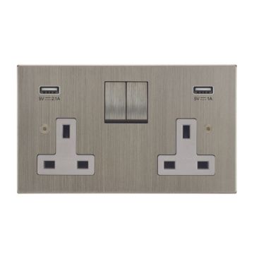 2 Gang 13A Switched Socket with Integrated USB Charging Satin Nickel Plate