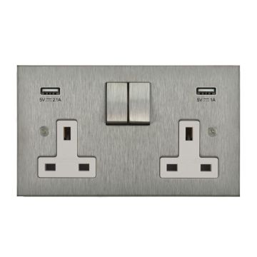 2 Gang 13A Switched Socket with Integrated USB Charging Satin Stainless Steel