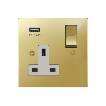 1 Gang Switched Socket with Integrated USB Charging Polished Brass Lacquered