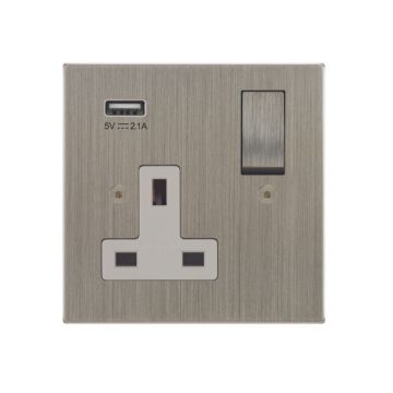 1 Gang Switched Socket with Integrated USB Charging Satin Nickel Plate