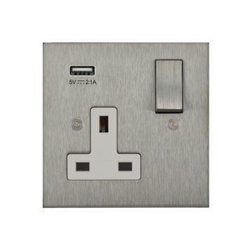 1 Gang Switched Socket with Integrated USB Charging Satin Stainless Steel