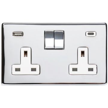 Heritage Studio 2 Gang 13 amp Switched Socket White Trim with USB Ports Polished Chrome Plate
