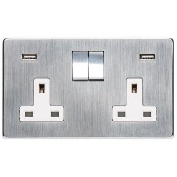 Heritage Studio 2 Gang 13 amp Switched Socket White Trim with USB Ports Polished Chrome Plate