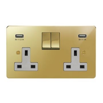 Horizon Classic 2 Gang Switched Socket with USB Charging Polished Brass Lacquered