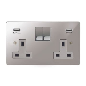 Horizon Classic 2 Gang Switched Socket with USB Charging Polished Chrome Plate