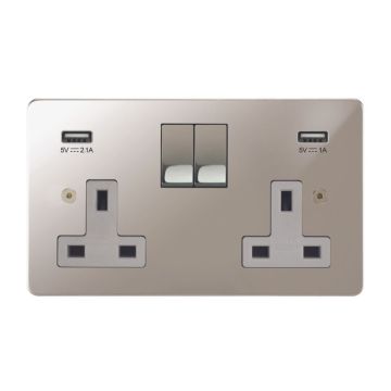 Horizon Classic 2 Gang Switched Socket with USB Charging Polished Nickel Plate