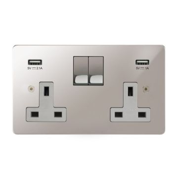 Horizon Classic 2 Gang Switched Socket with USB Charging Polished Stainless Steel
