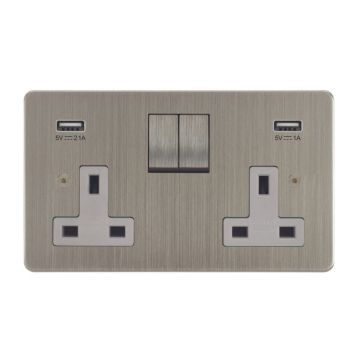 Horizon Classic 2 Gang Switched Socket with USB Charging Satin Nickel Plate
