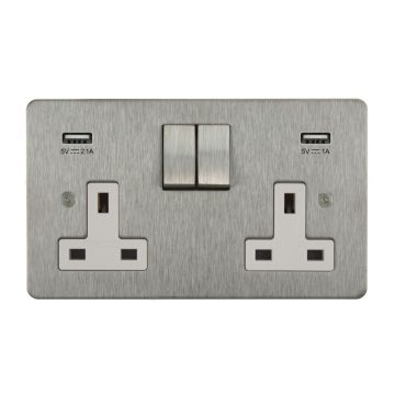 Horizon Classic 2 Gang Switched Socket with USB Charging Satin Stainless Steel