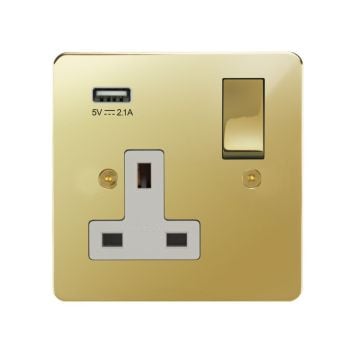 Horizon Classic 1 Gang Switched Socket with USB Charging Polished Brass Lacquered