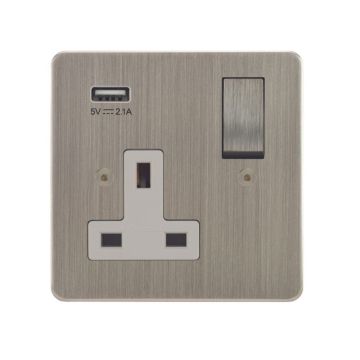 Horizon Classic 1 Gang Switched Socket with USB Charging Satin Nickel Plate