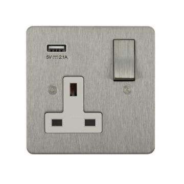 Horizon Classic 1 Gang Switched Socket with USB Charging Satin Stainless Steel