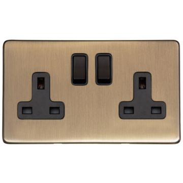 Heritage Vintage 2 Gang 13A Switched Socket Brushed Antique Brass Lacquered