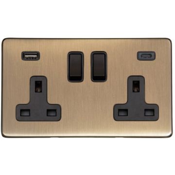 Heritage Vintage 2 Gang 13A Sw/Socket With Integrated USB A Brushed Antique Brass Lacquered