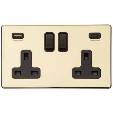 Heritage Vintage 2 Gang 13A Sw/Socket With Integrated USB A Polished Brass Lacquered
