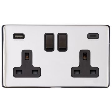 Heritage Vintage 2 Gang 13A Sw/Socket With Integrated USB A Polished Chrome Plate