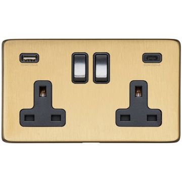 Heritage Vintage 2 Gang 13A Sw/Socket With Integrated USB A Satin Brass Lacquered