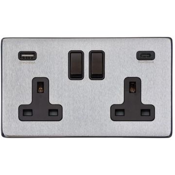 Heritage Vintage 2 Gang 13A Sw/Socket With Integrated USB A Satin Chrome Plate