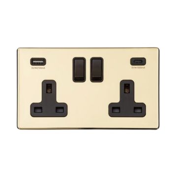 Heritage Vintage 2 Gang 13A Switched Socket With Integrated USB A+C Ports Polished Brass