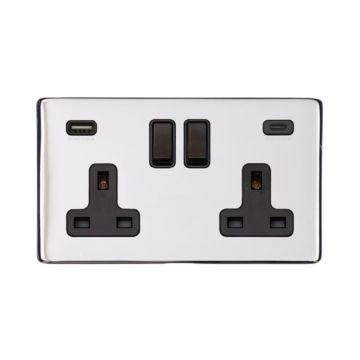 Heritage Vintage 2 Gang 13A Switched Socket With Integrated USB A+C Ports Polished Chrome