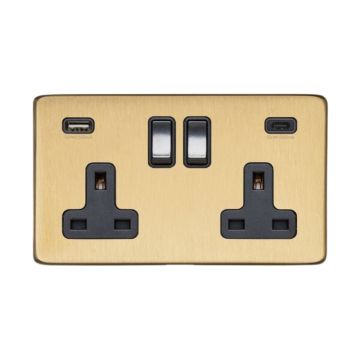 Heritage Vintage 2 Gang 13A Switched Socket With Integrated USB A+C Ports Satin Brass